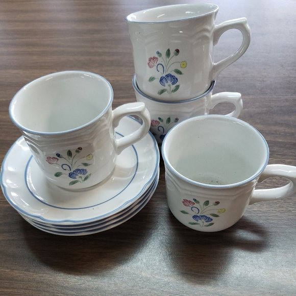 Set of 4 Floral Expressions Stoneware Coffee Tea Cups and Saucers Mexico - Picture 1 of 6